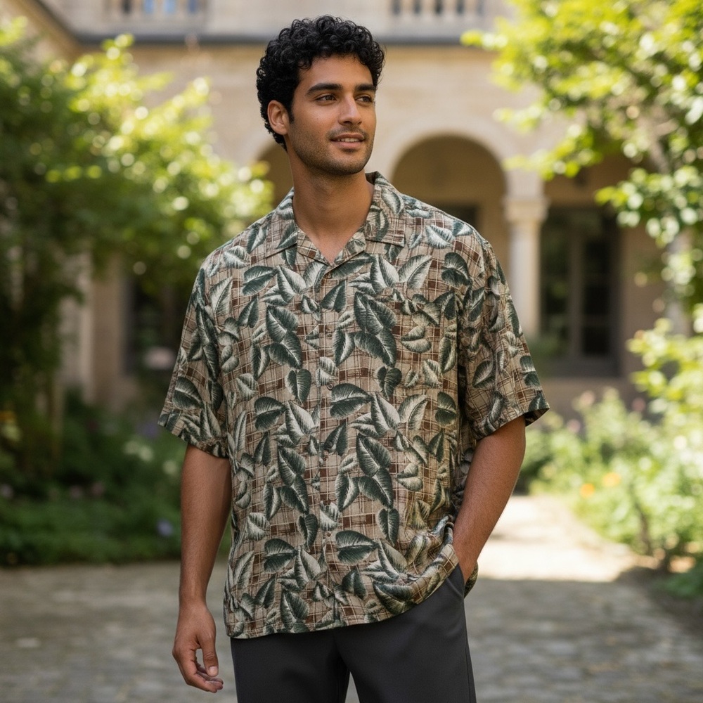 ♥️Monte Carlo♥️Men's plaid Leaf Print Hawaiian button down shirt Size (XL)